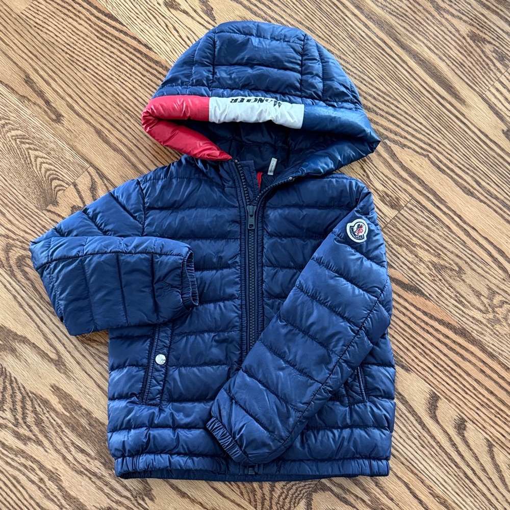 Moncler Blue Quilted Jacket with Red and White Hood 100% Authentic